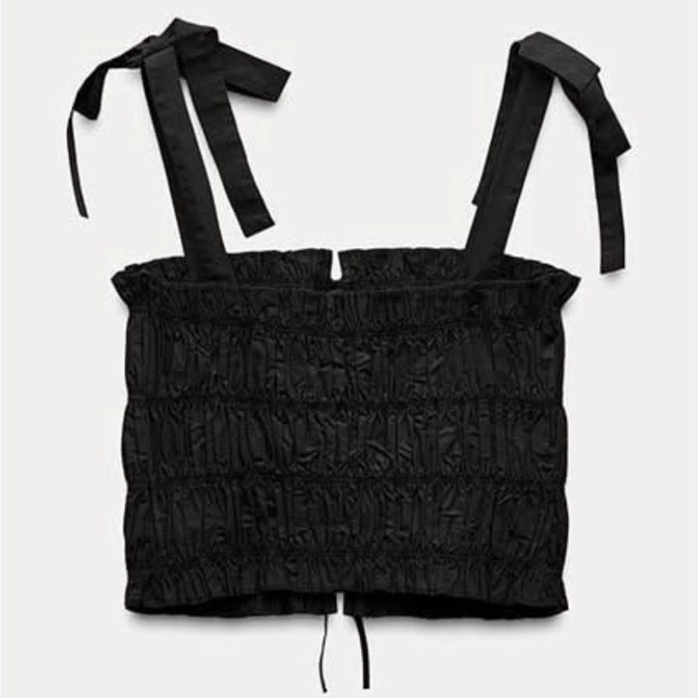 ZARA BNWT Black Ruched Tie Strap Crop Top | Romantic Bow Front Bustier Cami S - Picture 3 of 5